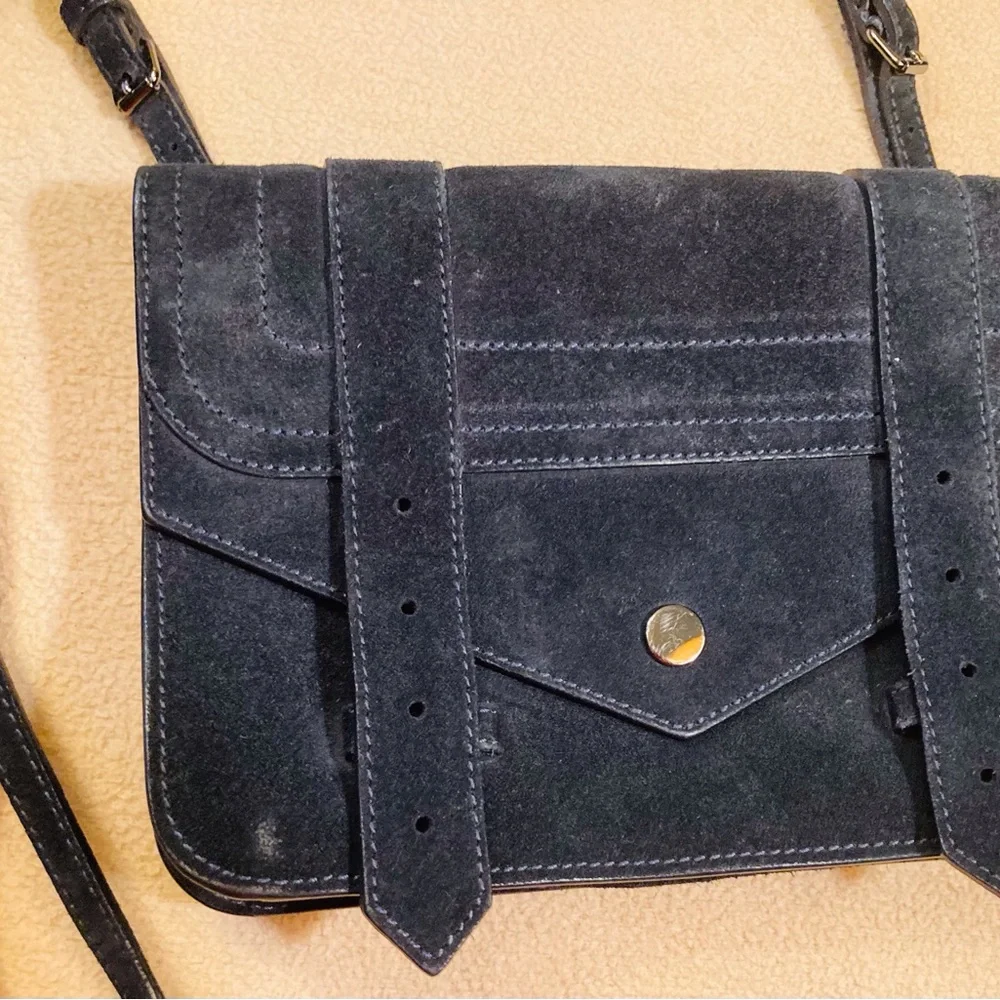 Proenza Schouler navy blue suede shoulder bag,double buckle strap/snap closure - Picture 2 of 14